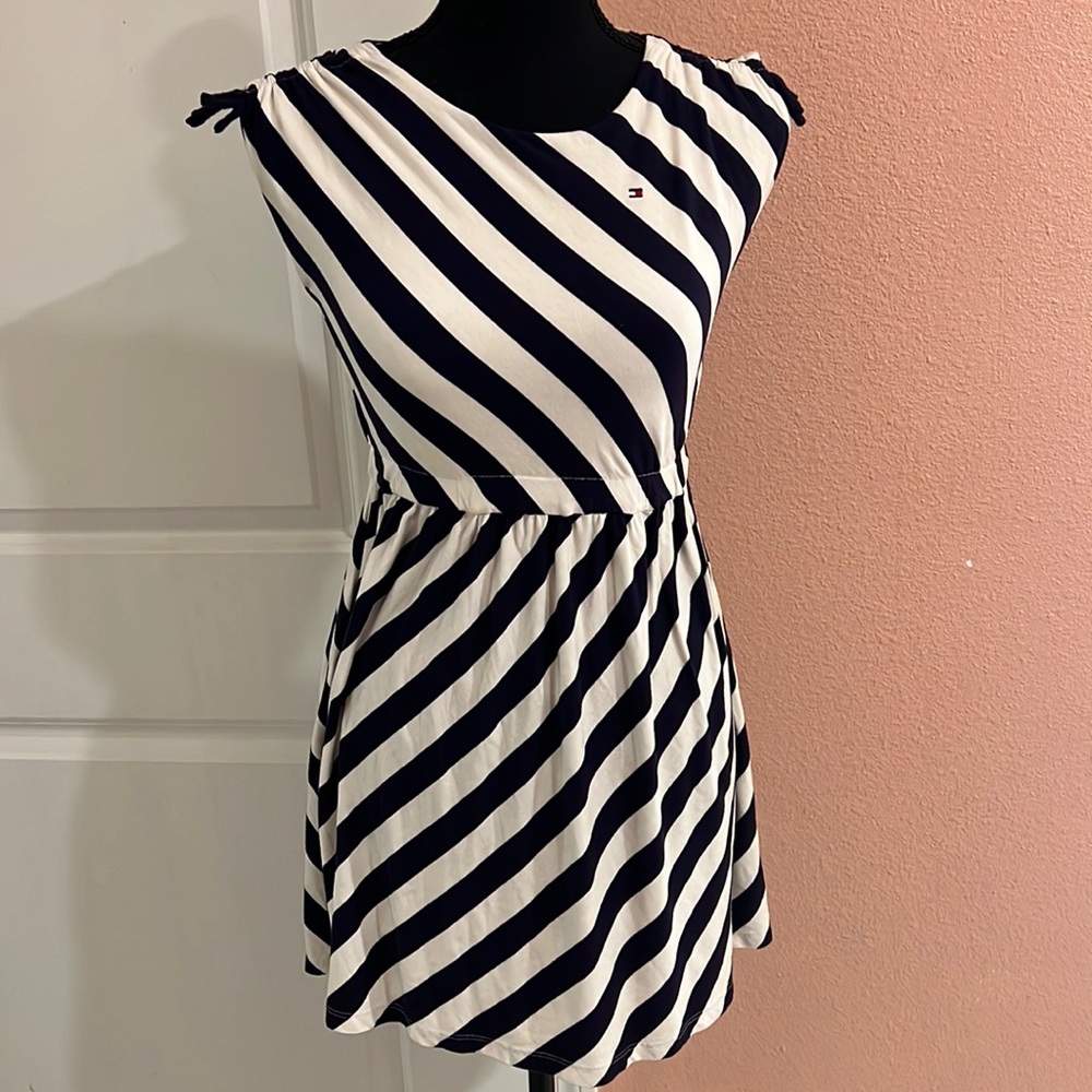 TOMMY HILFIGER Navy Blue Striped Dress With Tie Sleeve Detail